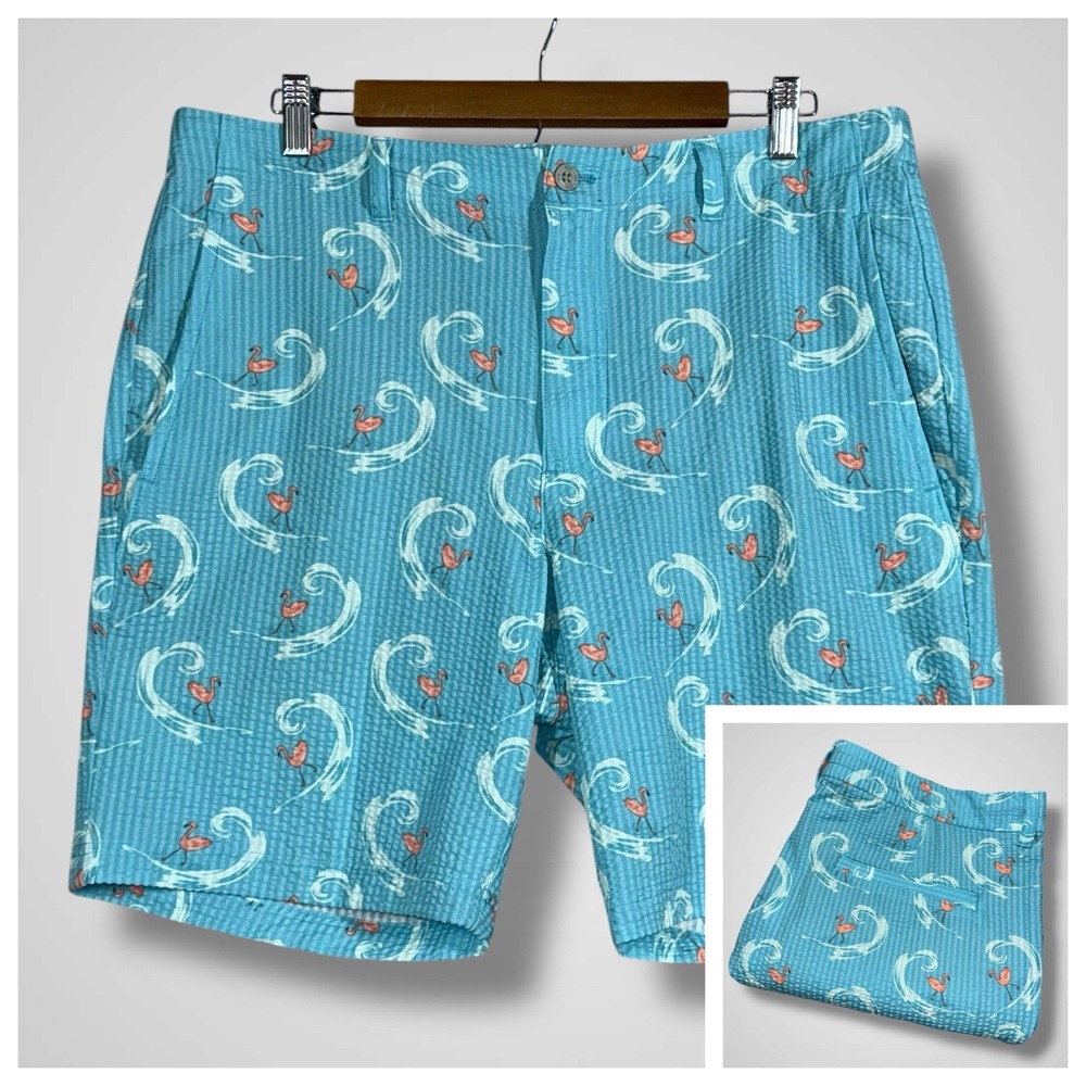 PGA Tour Golf Shorts Mens 34 Seersucker‎ Flamingo Stretch Waist Lightweight 8"